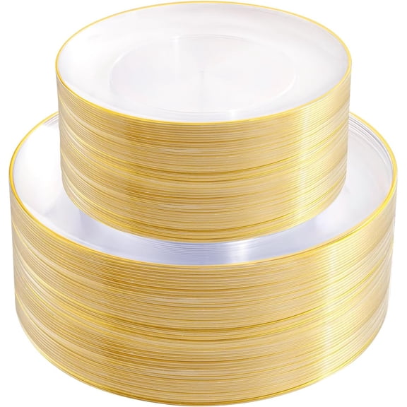 100PCS Clear and Gold Disposable Plastic Plates - Heavy Duty Clear Plastic Dinner and Dessert Plates with Gold Trim for Weddings, Parties, and Events - 50 Dinner Plates, 50 Dessert Plates