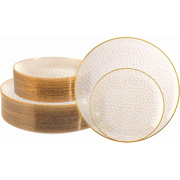 100PCS Clear Plastic Plates with Gold Rim, Includes 50pcs Dinner Plate 10” and 50pcs Dessert Plate 7”, Disposable Heavyduty Plates for Birthdays, Parties and Wedding