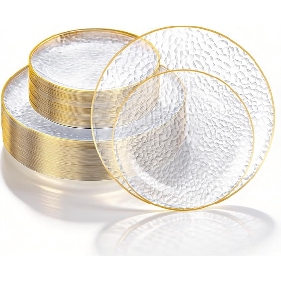 100PCS Clear Plastic Plates with Gold Rim, Includes 50pcs Dinner Plate ...