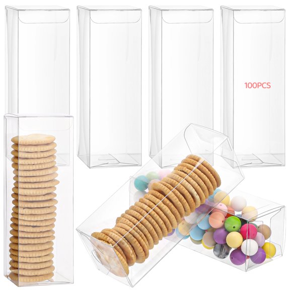 100PCS Clear Plastic Storage Boxes, 2" x 2" x 5.9" Transparent Present Boxes with Protective Film, Empty Holders for Candy & Snacks, Christmas, Wedding & Party Celebrations