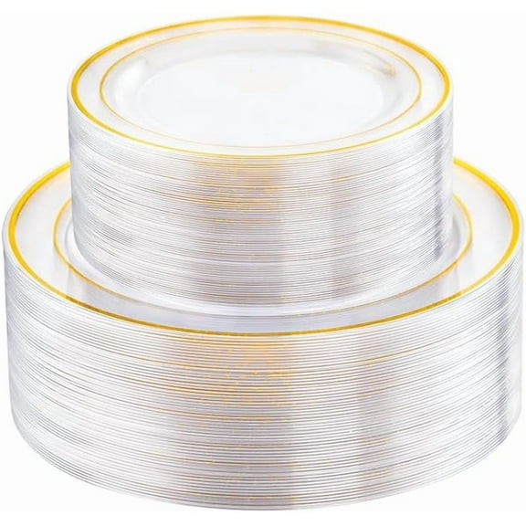 100PCS Clear Plates with Gold Trim - Heavy Duty Clear and Gold Plastic Plate Disposable for Party/New Year Include 50PCS 10.25inch Dinner Plates - 50PCS 7.5inch Cake Plate