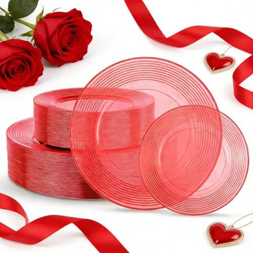 100PCS Clear Red Plastic Plates Disposable Plates for Party - Heavy Duty Plastic Plates - 10" &7" Plate for 50 Guests Parties&Wedding& Valentine's Day Events