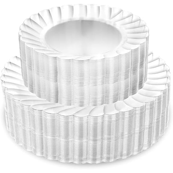 100PCS Clear Scalloped Plastic Plates - Heavy Duty Clear Disposable Plates, Fancy Hard Scalloped Plates Include 50 Dinner Plate, 50 Dessert Plate, for Wedding & Party