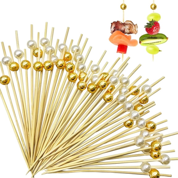 100PCS Cocktail Picks, Cocktail Toothpicks for Appetizers Picks, Bamboo Cocktail Skewers for Appetizers Wedding Party Toothpicks, Gold Pearl Food Picks for Appetizers