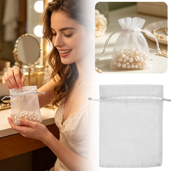 100PCS Colorful Sheer Mesh Organza Bags, Lightweight Breathable Cloth, for Small Jewelry Packaging, Party Favor Wrapping, Wedding Souvenirs and DAIly Small Item Organizing (White)