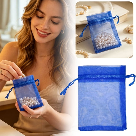 100PCS Colorful Sheer Mesh Organza Bags, Lightweight Breathable Cloth, for Small Jewelry Packaging, Party Favor Wrapping, Wedding Souvenirs and DAIly Small Item Organizing (Blue)