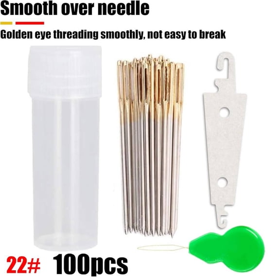 100PCS  Cross Stitch Needles +2 PCS Needle Threader Golden Color Large Eyes Cross Stitch DIY Embroidery Hand Needles Sewing Needles in Box