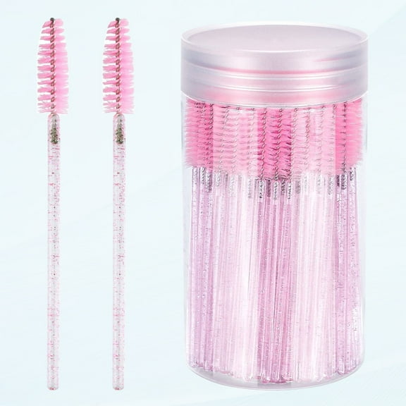 100PCS Crystal Pink Disposable Eyelash Eyebrow Spoolie Brush with Container