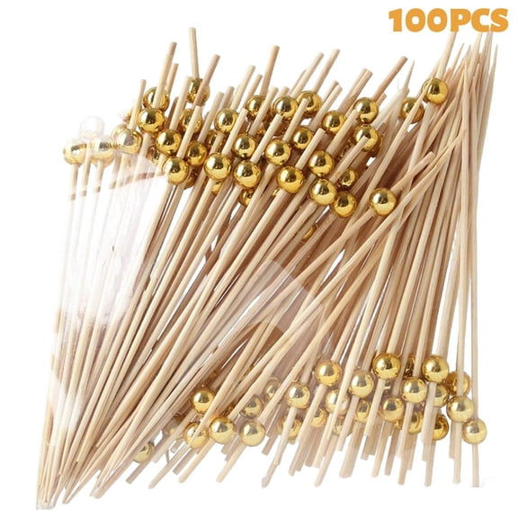 100PCS Decorations Cocktail Picks, Disposable Electroplated Gold Beads Bamboo Pearl Toothpick Skewer for Appetizer Sandwich Drink Fruit Food Pick Long Decorative Cocktail Stick Garnish