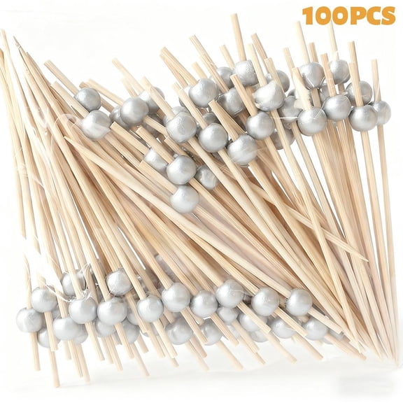 100PCS Decorations Cocktail Picks, Disposable Electroplated Gold Beads Bamboo Pearl Toothpick Skewer for Appetizer Sandwich Drink Fruit Food Pick Long Decorative Cocktail Stick Garnish