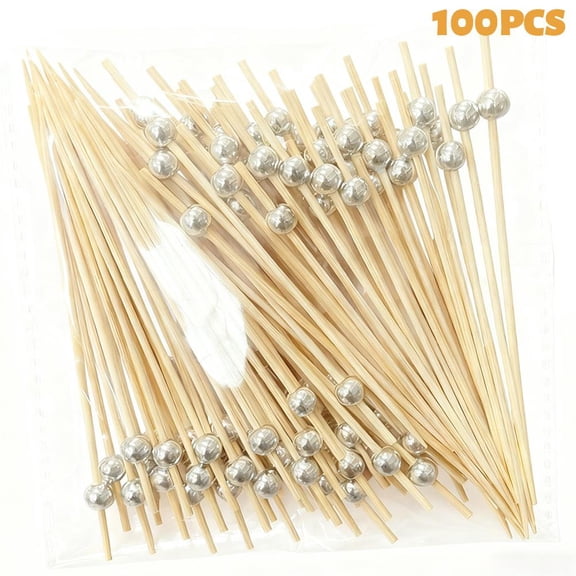100PCS Decorations Cocktail Picks, Disposable Electroplated Gold Beads Bamboo Pearl Toothpick Skewer for Appetizer Sandwich Drink Fruit Food Pick Long Decorative Cocktail Stick Garnish