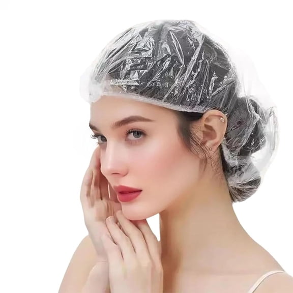 100PCS Disposable , Plastic Clear Hair Cap Large Thick Waterproof Bath Caps for Women & Men Unisex Reusable Travel Essentials Deep Conditioning, Treatment, Hotel, Spa, and Home Use