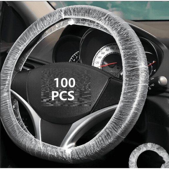 100PCS Disposable Steering Wheel Covers, Clear Plastic Universal Auto Protectors with Elastic Edges, Waterproof Protective Covers for Car Wash, Detailing, Service and Maintenance