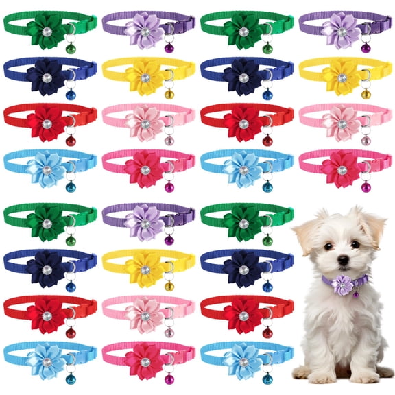 100PCS Dog Flower Collars, Floral Puppy Collars with Bells, Adjustable Flower Rhinestone Pet Collars, Soft Breathable Pet Bowties, Bulk Accessories for Small and Medium Pets