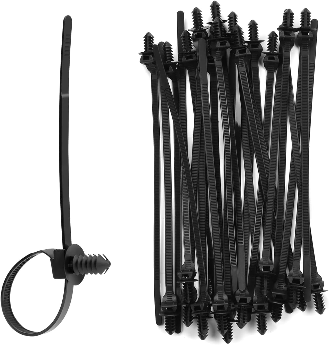 XINGO 100PCS Fir Tree Nylon Push Mount Zip Ties, Heavy Duty Wire 2 in 1 Self Locking UV Resistant Assortment for Indoor Tying (8.3"x0.22")
