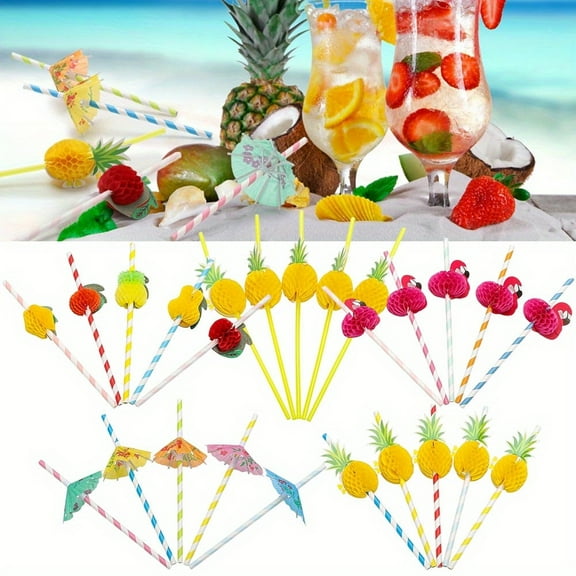 100PCS Flamingo Fruit Paper Straws,Disposable Plastic Drinking Straws,Tropical Hawaiian Beach Summer Pool Party Cocktail Decorations - Assorted Colors