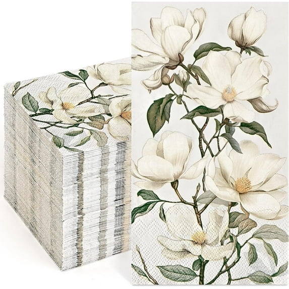 100PCS Floral Magnolia Napkins, 3 Ply Disposable Hand Towels for Bathroom, Floral Paper Napkins Disposable Dinner Napkins for Spring Wedding Baby Shower Bridal Shower Birthday Party, Vintage
