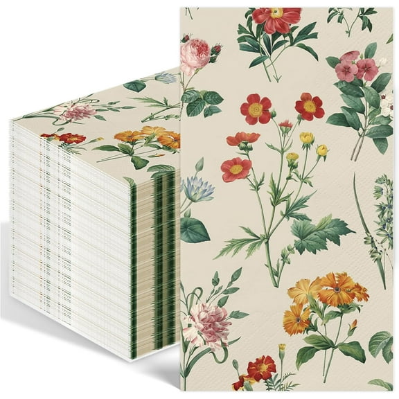 100PCS Floral Paper Napkins 3 Ply Disposable Hand Towels for Bathroom Vintage Wildflower Guest Napkins Decorative Wild Flower Dinner Napkins for Bridal Baby Shower Wedding Birthday Spring Tea Party