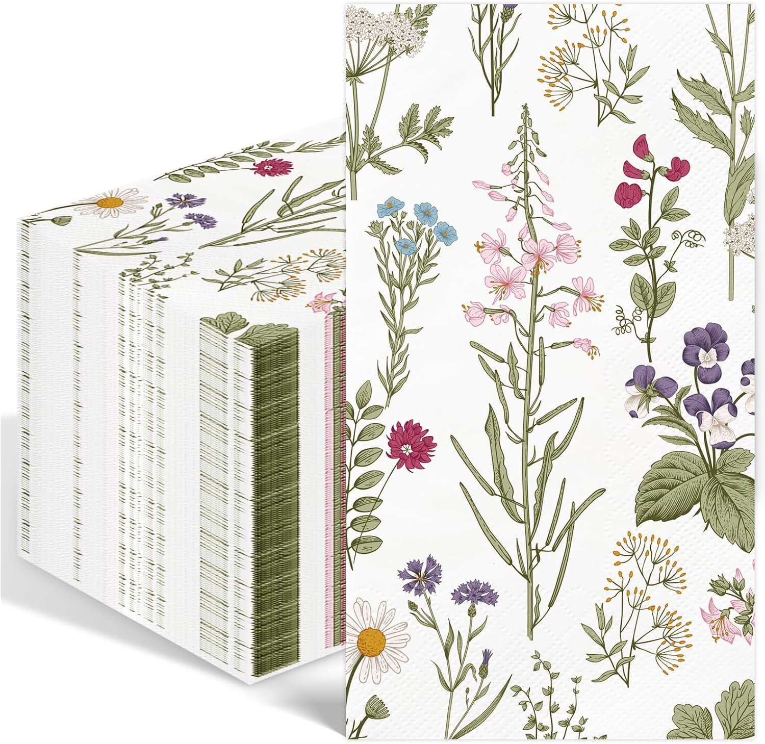 100PCS Floral Paper Napkins 3 Ply Disposable Hand Towels for Bathroom Vintage Wildflower Guest Green Wild Flower Dinner Wedding Bridal Baby Shower Birthday Spring Summer Party