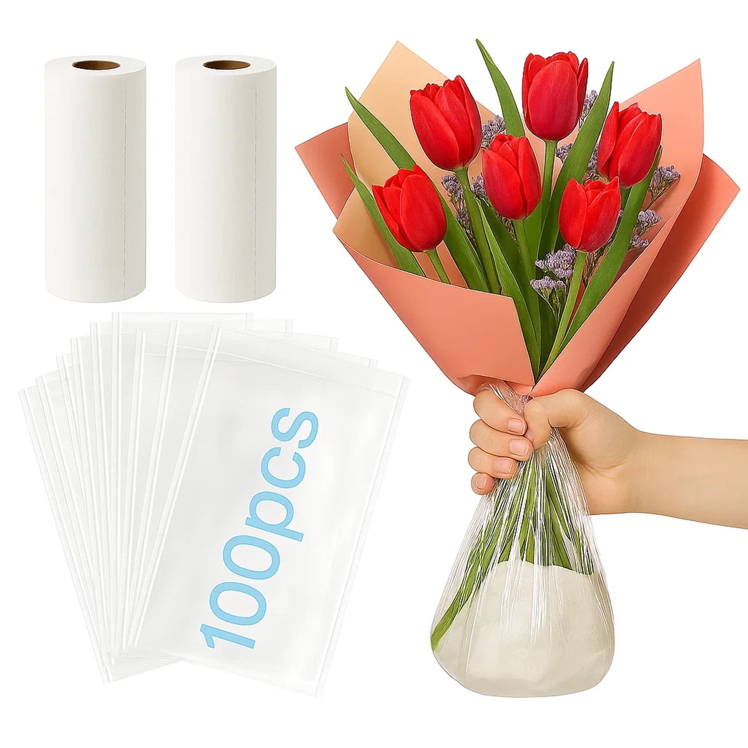 100PCS Flower Water Retainer Bags with 20pcs Flower Water Absorbent Cotton Water Retainer Bag kits for Fresh Cut Flower Bouquets