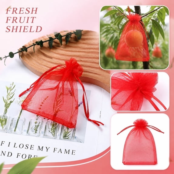 100PCS Fruit Protection Bags, Red Fruit Netting Cover Bags Drawstring Mesh Fruit Protectors Pest Barrier for Plant Fruit Flower Veggies Garden
