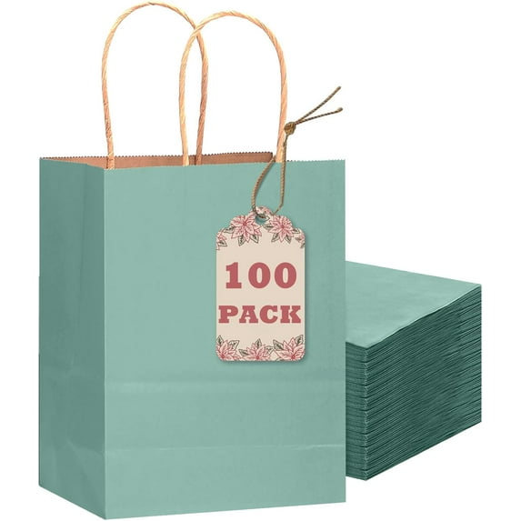100PCS Gift Bag with Handles Bulk Kraft Light Blue Paper Bags Multiple Uses (8.3"x3"x6"inch Small Size)