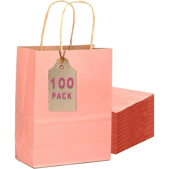 100PCS Gift Bag with Handles Bulk Light Pink Paper Bags Multiple Uses (11"x5"x8" Medium Size)