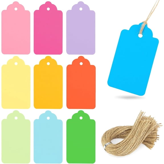 100PCS Gift Tags with Strings(3.3 * 1.8inch), Kraft Paper Tags 10 Assorted Colors Hanging Labels for DIY Crafts Baby Shower Wedding Birthday Gift