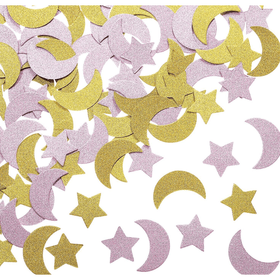 100PCS Glitter Moon and Star Confetti, Pink and Gold, Party Table Decoration