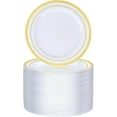 thumbnail image 1 of 100PCS Gold Plastic Plate, 7 Inch Disposable Dessert Plate Party with Gold Rim, Heavy Duty Disposable Plastic Plates for Party, Wedding and Birthday, 1 of 12