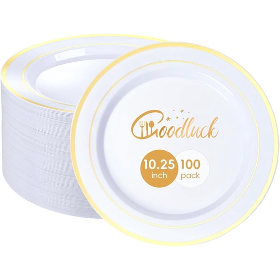100PCS Gold Plastic Plates, 10.25 Inch Dinner Plate with Gold Rim, Heavy Duty Disposable Plastic Plates for Party, Wedding, Birthday & Daily Use