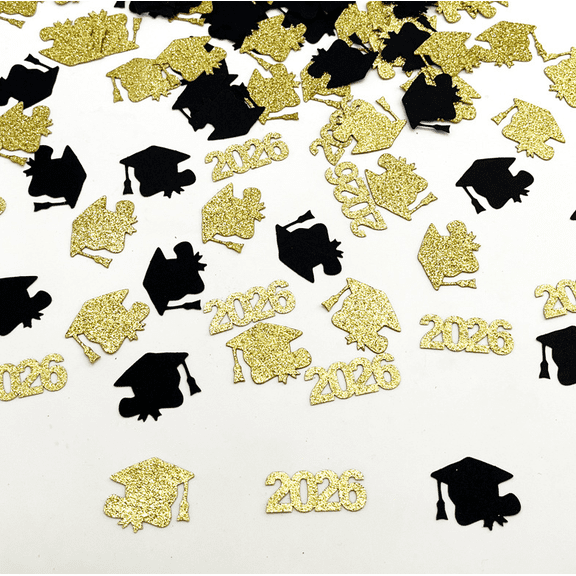 100PCS Graduation Confetti 2026, Black and Gold Glitter, Grad Cap Table Decorations, Party Supplies
