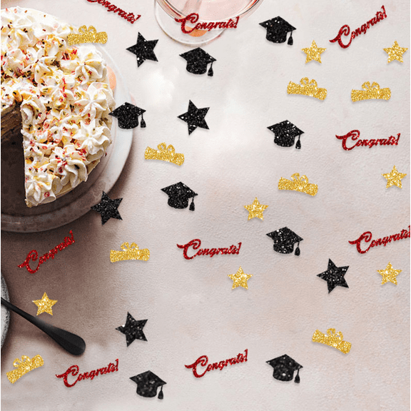 100PCS Graduation Party Table Confetti, Glitter Black and Gold, Congrats Caps Stars Crown Shapes, Celebration Decorations