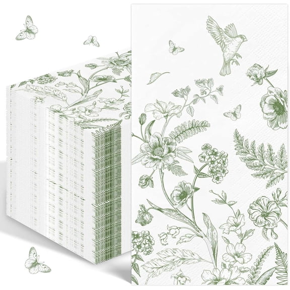 100PCS Green Floral Napkins Disposable Hand Towels for Bathroom 3 Ply Greenery Paper Napkins Vintage Bird Flower Guest Napkins Chinoiserie Napkins for Wedding Bridal Shower Cocktail Party