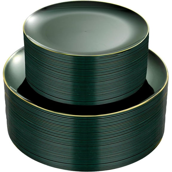 100PCS Green Plastic Plates - Green Disposable Plates With Gold Rim - Include 50 Pieces Dinner 10.25inch,50 Pieces Dessert 7.5inch for Party&Christmas
