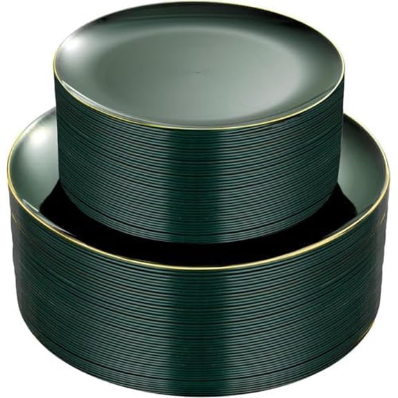 100PCS Green Plastic Plates - Green Disposable Plates With Gold Rim - Include 50 Pieces Dinner 10.25inch,50 Pieces Dessert 7.5inch for Party&Christmas