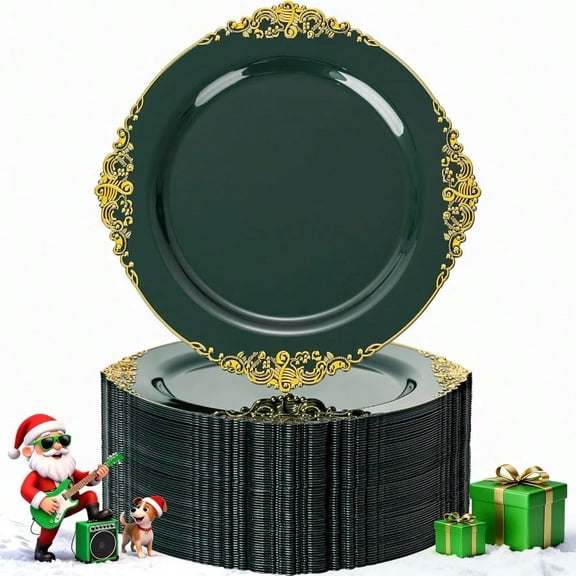 100PCS Green and Gold Plastic Plates - 10.25inch Green Disposable Plates - Heavyweight Dinner Plate for Wedding Party Christmas