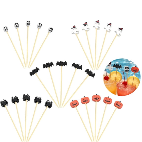 100PCS Halloween Cocktail Picks Pumpkin Spider Hat Ghost Letters Decorative Toothpicks Bamboo Appetizer Toothpicks Food Picks for Halloween Party Food Fruit Decoration