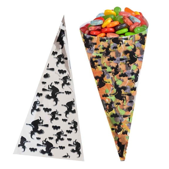100PCS Halloween Cone Cellophane Treat Bags Candy Wrapping Bags for Parties Baking and Desserts for Cookies Chocolates, Candy Bags for Kids Halloween Birthday Party Supplies