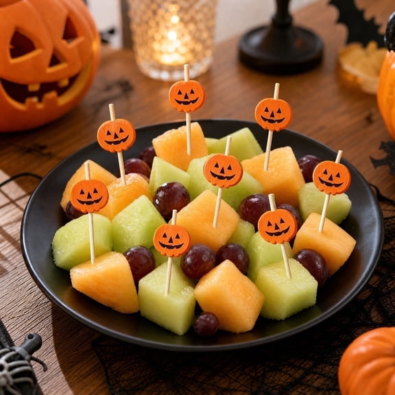 100PCS Halloween Pumpkins Bamboo Cocktail Picks Bamboo Toothpicks Fruit Picks for Home Party Appetizers Cocktail Decorations Charcuterie Board