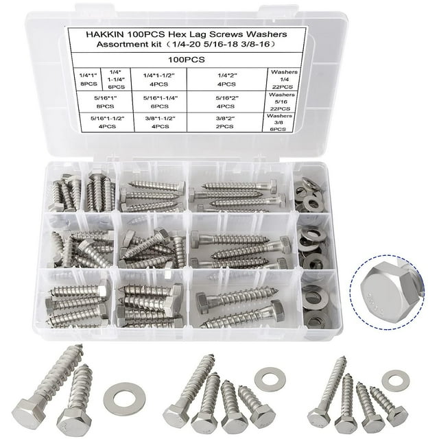 100pcs Hex Lag Bolts Screws Washer Assortment Kit, 304 Stainless Steel