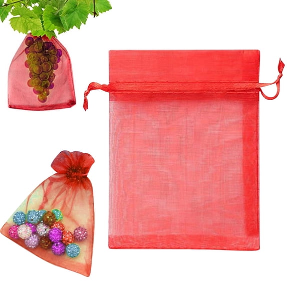 100PCS Insect Barrier Net Bag,Reusable Nylon Mesh Plant Protection Bag with Drawstring for Fruit Trees Vegetables Flowers,Bird Netting Against Pests Squirrels for Garden Greenhouse OrchardsRed