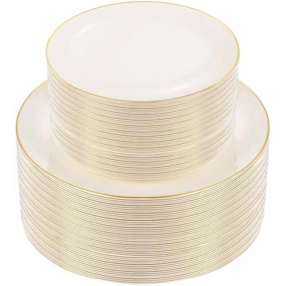 100PCS Ivory Plastic Plates - Cream Plastic Disposable Heavy Duty for Party & Wedding - Include 50 Each (Dinner & Dessert) Plates