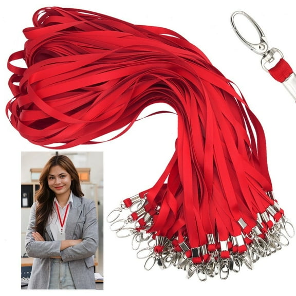 100PCS Lanyards for ID Badges, Bulk Red Neck Lanyards with Swivel Hook Clips, Polyester Flat Lanyards for Adults, Neck Straps for Office, Conference, Show