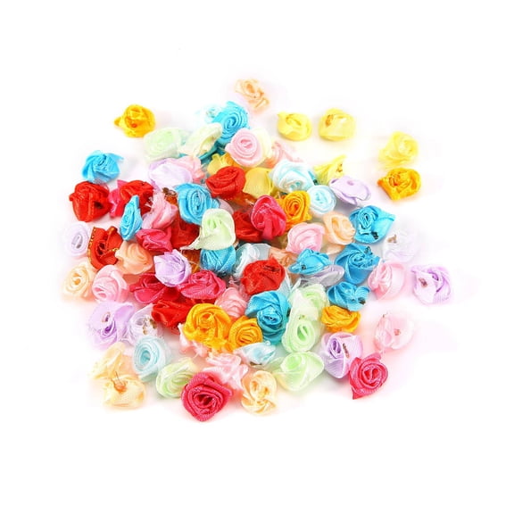 100PCS/Lot Mini Handmade Satin Rose Ribbon Rosettes Fabric Flower Appliques For Wedding Decoration Craft Sewing Accessories,100pcs * rose head,Color mixing