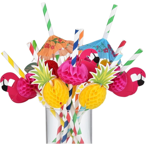 100PCS Luau Party Cocktail Straws, Drink Umbrella Parasol Straw, Flamingo Fruit Paper Straws For Tropical Summer Pool Hawaiian Party Decorations