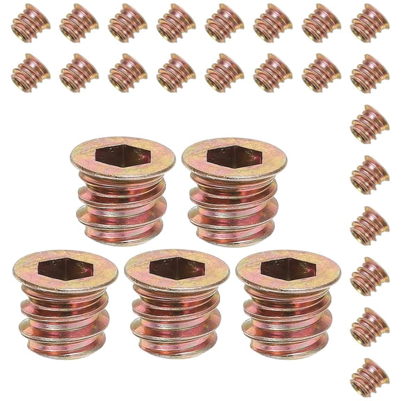 100PCS M6x10mm Furniture Threaded Insert Nut, Carbon Steel Hidden Pre-Insert Style with Inner and Outer Threads, Golden Finish for Panel Cabinets and Assembly Projects