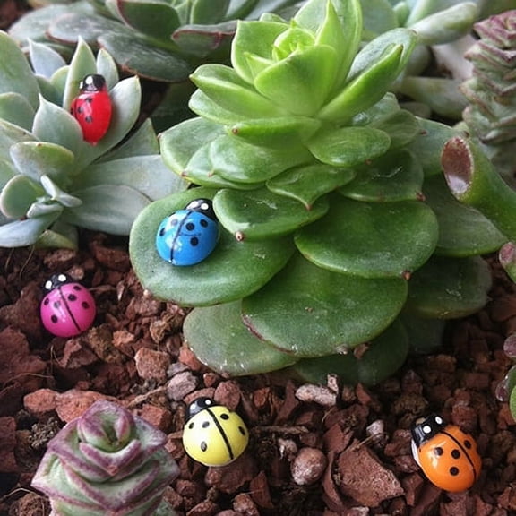100PCS Mini 3D Plastic Ladybug Fairy Garden Accessories, DIY Micro Landscape Ornaments for Garden Dollhouse and Potted Plants, Miniature Garden Houses and Figurines