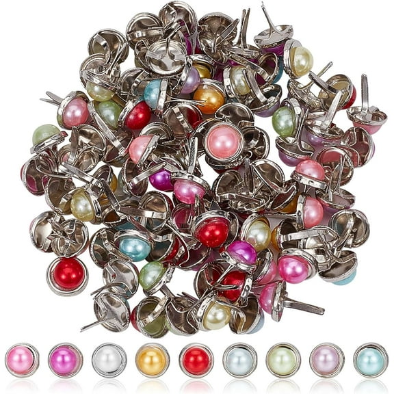 100PCS Mini Brads Metal Paper Fasteners Iron Pearl Head Split Pins with Plastic Imitation Bead for Scrapbooking Photo Album Embellishment Wedding Supplies Puppy Dolls Decoration Half Round Golden