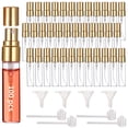 thumbnail image 1 of 100PCS Mini Spray Bottles, 0.17oz/5ml Refillable Glass Perfume Bottles, Portable Travel Sample Containers with Caps, Fine Mist Atomizers with 4 Funnels and 4 Dispensers, Gold, 1 of 6